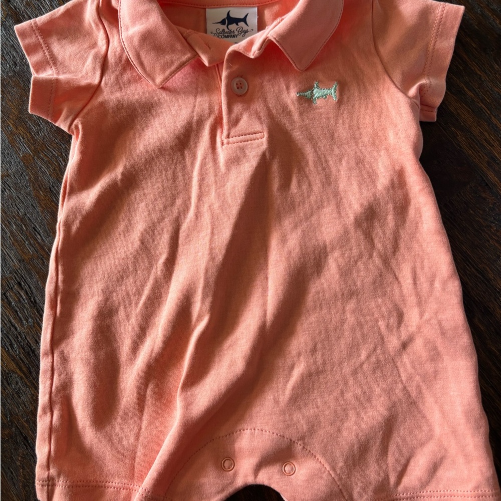 Saltwater Boys  Pima cotton polo romper with Shark Embroidery